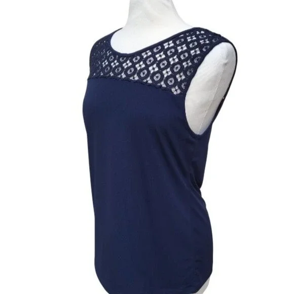 Carmen Marc Valvo Navy Blue Crochet Lace Yoke Keyhole Back Tunic Tank Blouse M - Picture 3 of 8
